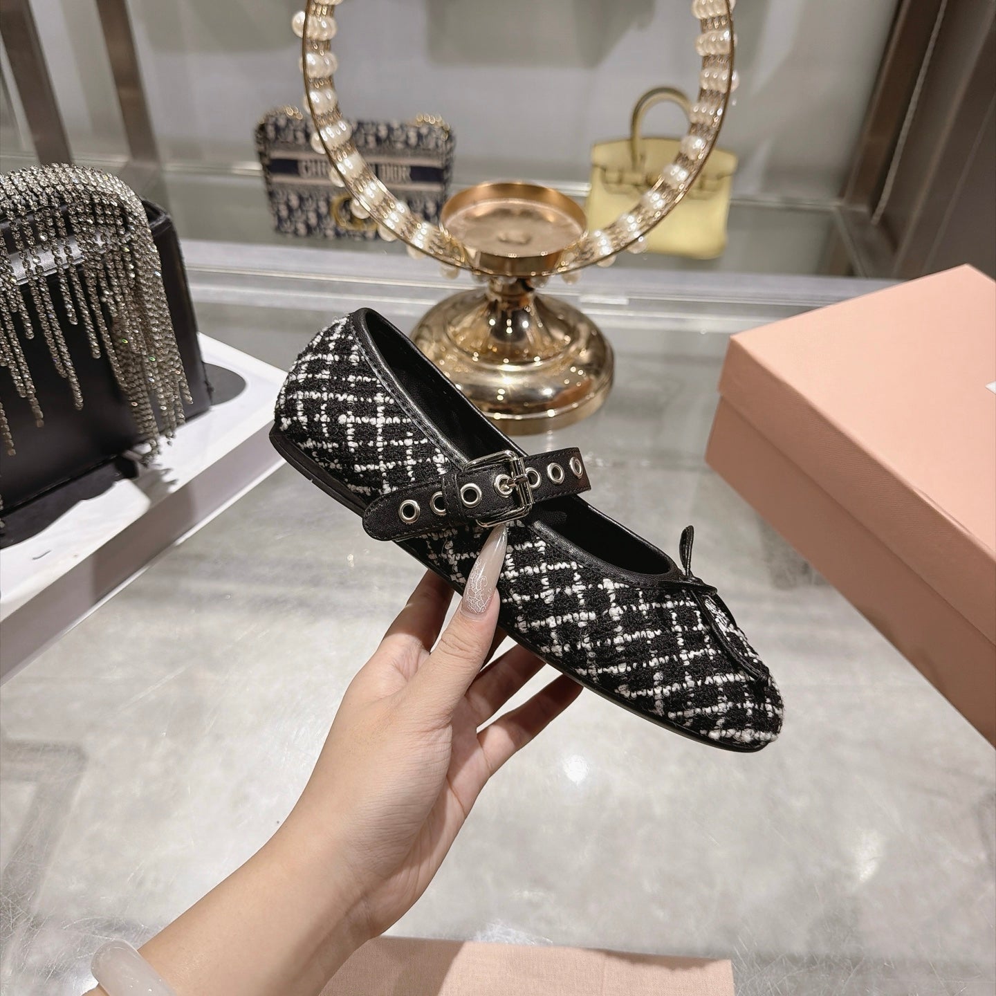 MIUMIU 26S MARY JANE FLATS IN BLACK AND WHITE TWEED FABRIC