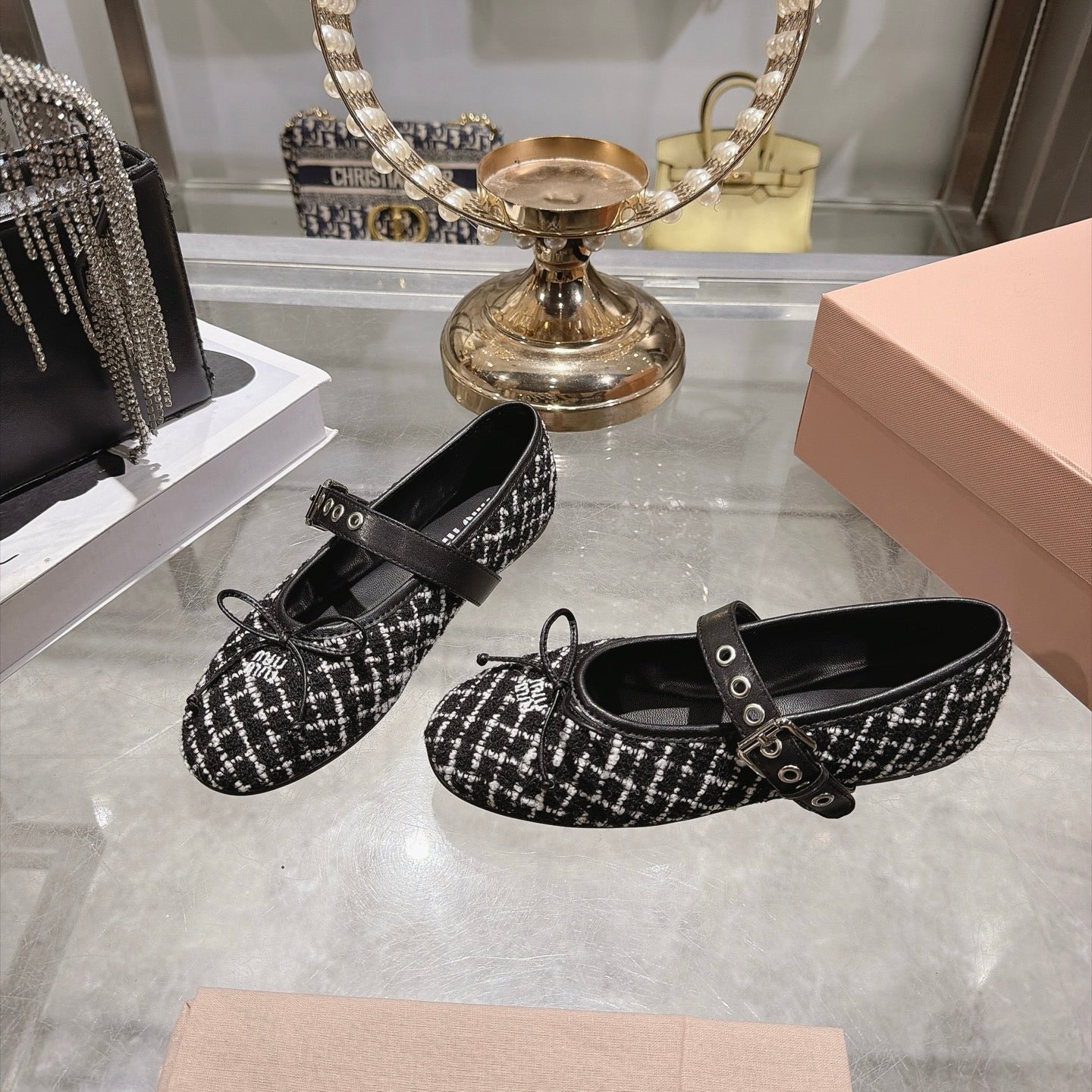 MIUMIU 26S MARY JANE FLATS IN BLACK AND WHITE TWEED FABRIC