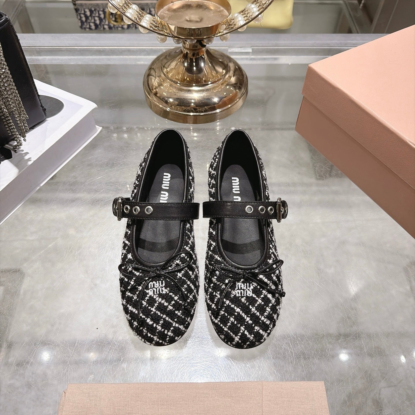 MIUMIU 26S MARY JANE FLATS IN BLACK AND WHITE TWEED FABRIC