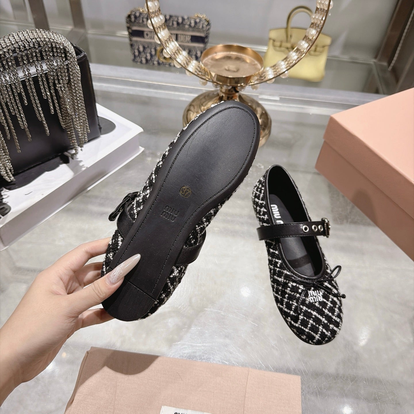 MIUMIU 26S MARY JANE FLATS IN BLACK AND WHITE TWEED FABRIC