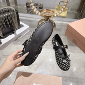 MIUMIU 26S MARY JANE FLATS IN BLACK AND WHITE TWEED FABRIC