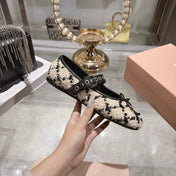 MIUMIU 26S MARY JANE FLATS IN BLACK AND BEIGE TWEED FABRIC