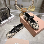 MIUMIU 26S MARY JANE FLATS IN BLACK AND BEIGE TWEED FABRIC