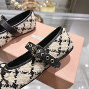 MIUMIU 26S MARY JANE FLATS IN BLACK AND BEIGE TWEED FABRIC