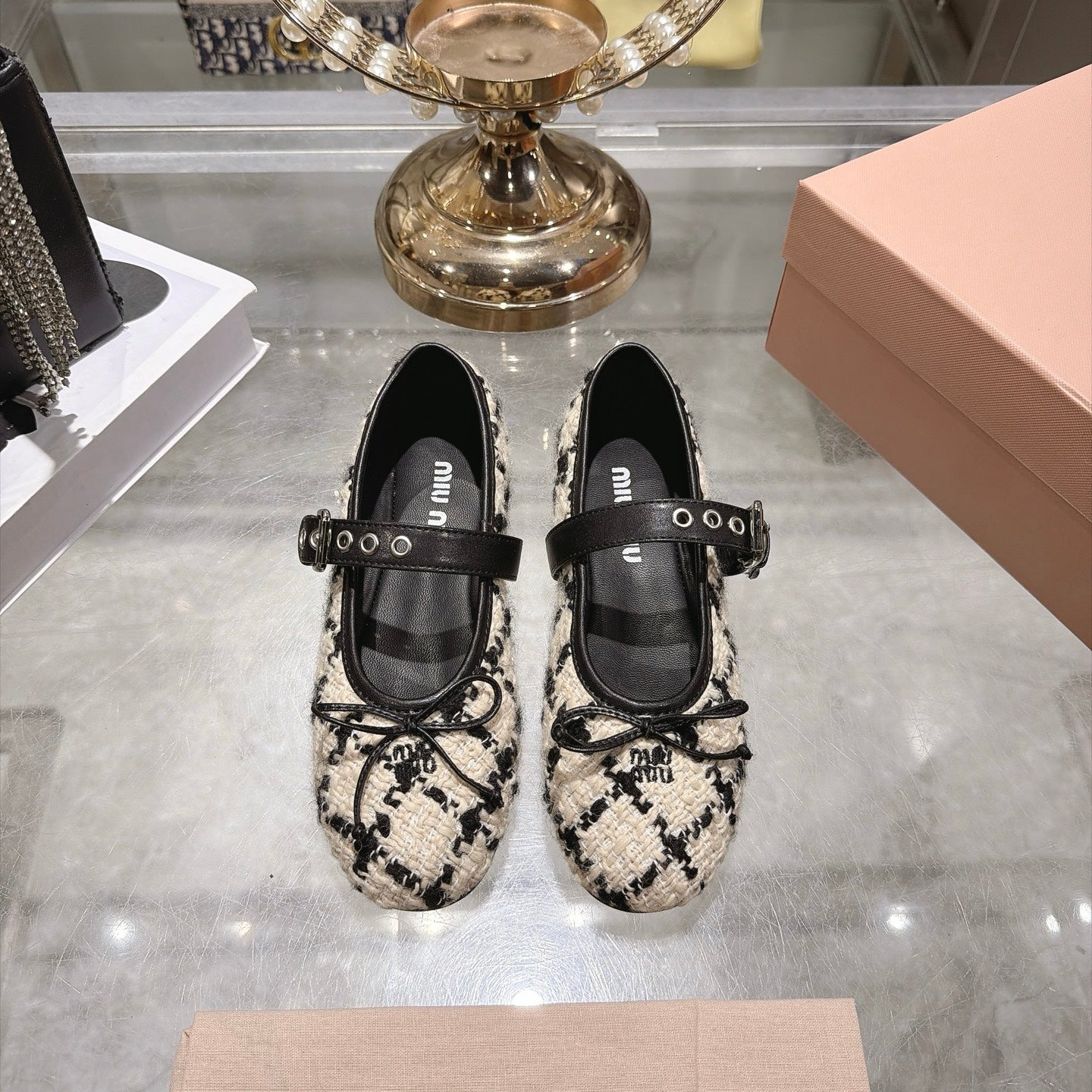MIUMIU 26S MARY JANE FLATS IN BLACK AND BEIGE TWEED FABRIC