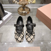 MIUMIU 26S MARY JANE FLATS IN BLACK AND BEIGE TWEED FABRIC