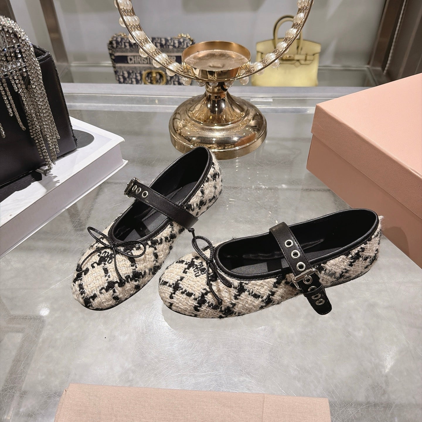 MIUMIU 26S MARY JANE FLATS IN BLACK AND BEIGE TWEED FABRIC