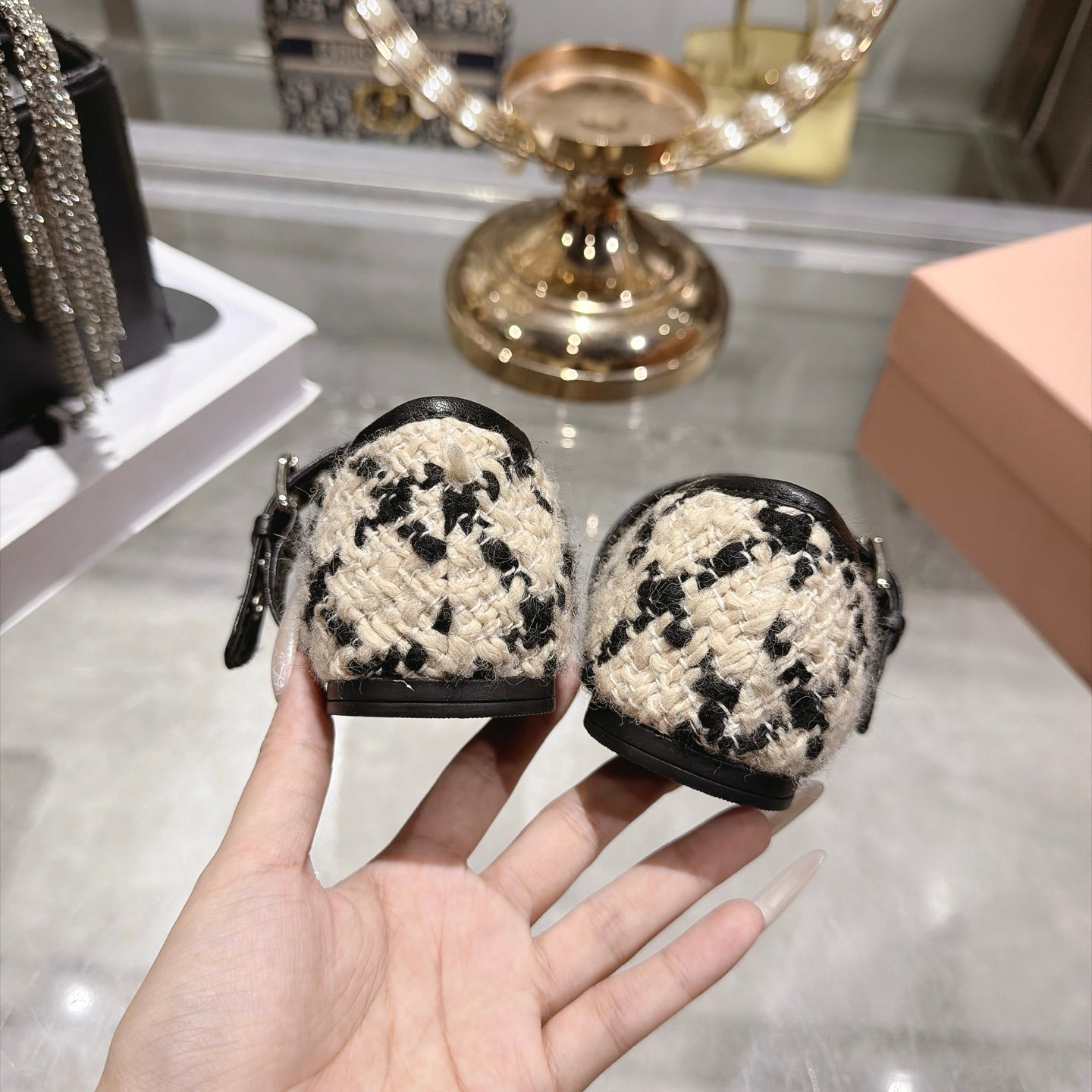 MIUMIU 26S MARY JANE FLATS IN BLACK AND BEIGE TWEED FABRIC
