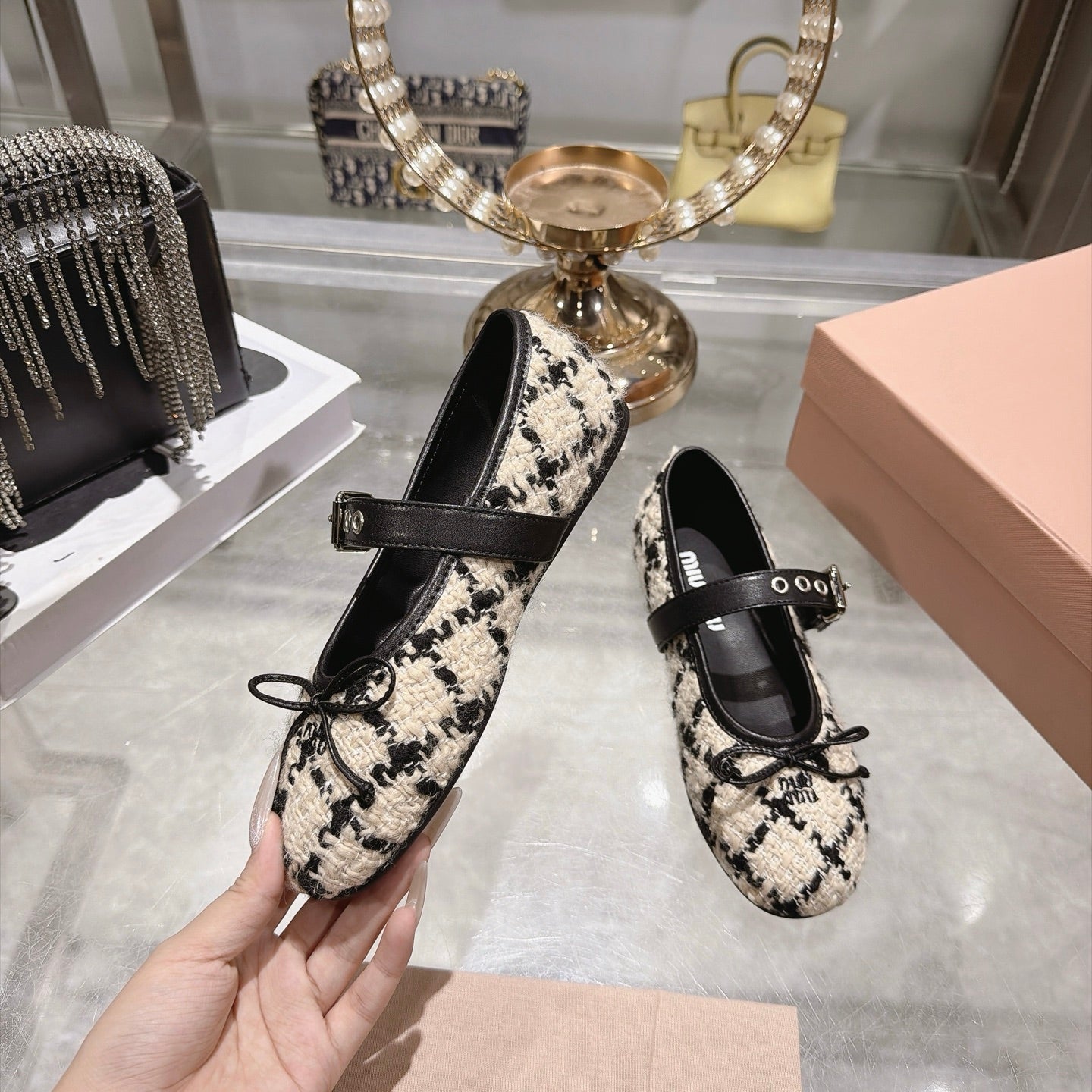 MIUMIU 26S MARY JANE FLATS IN BLACK AND BEIGE TWEED FABRIC