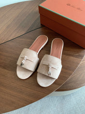 LP 26S SUMMER CHARMS SLIDES IN LIGHT GREY SUEDE GOLD HARDWARE