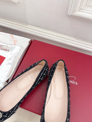 EFFLORESCENCE BALLERINAS IN BLACK TWEED WITH FINE WHITE STRIPES EMBELLISHED CRYSTALS
