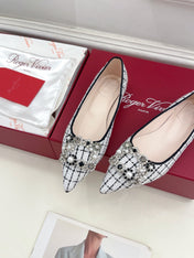 EFFLORESCENCE BALLERINAS IN WHITE TWEED WITH FINE BLACK STRIPES EMBELLISHED CRYSTALS