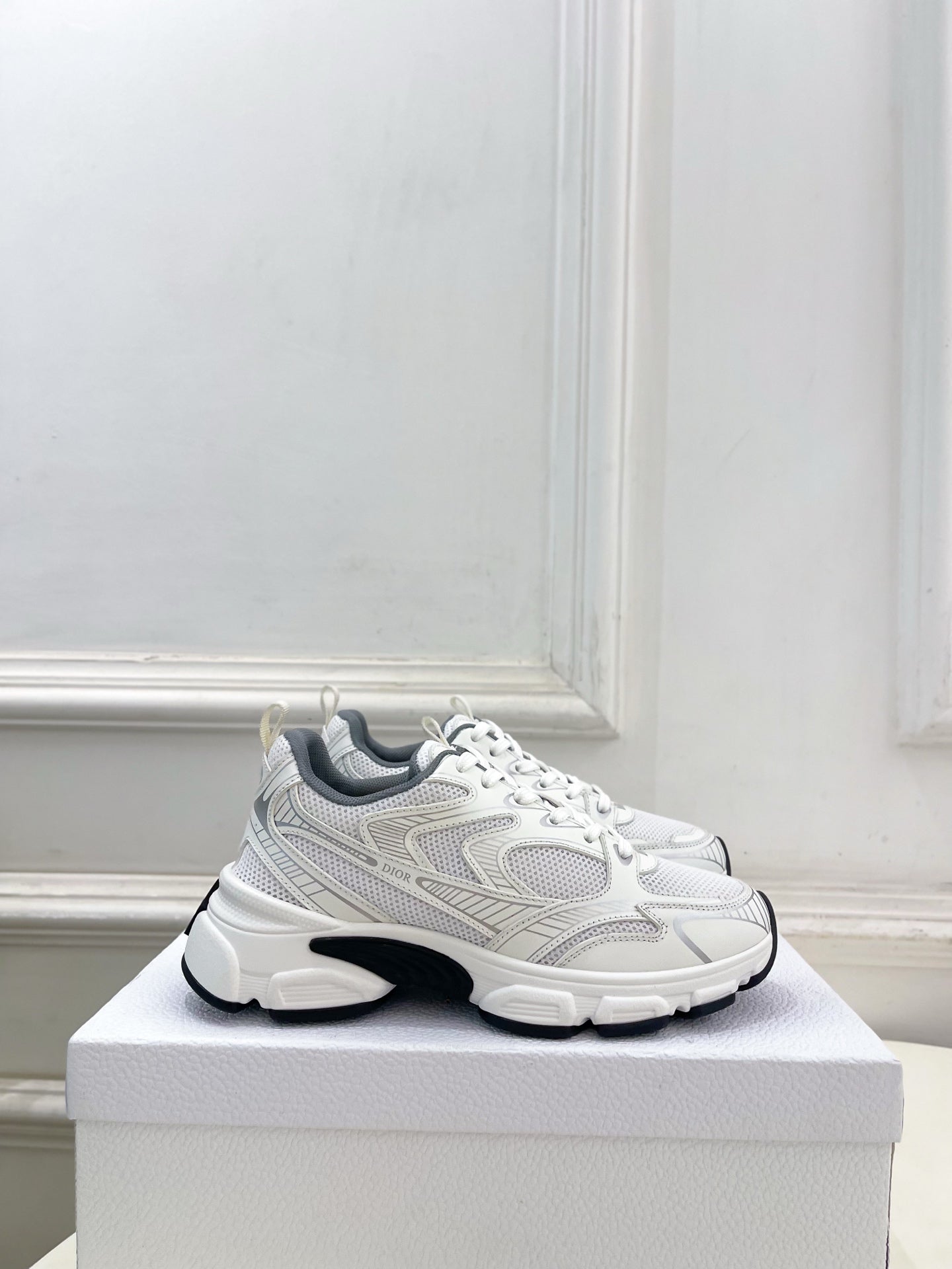 DIOR 26S SNEAKER IN WHITE GREY CALFSKIN AND MESH FABRIC