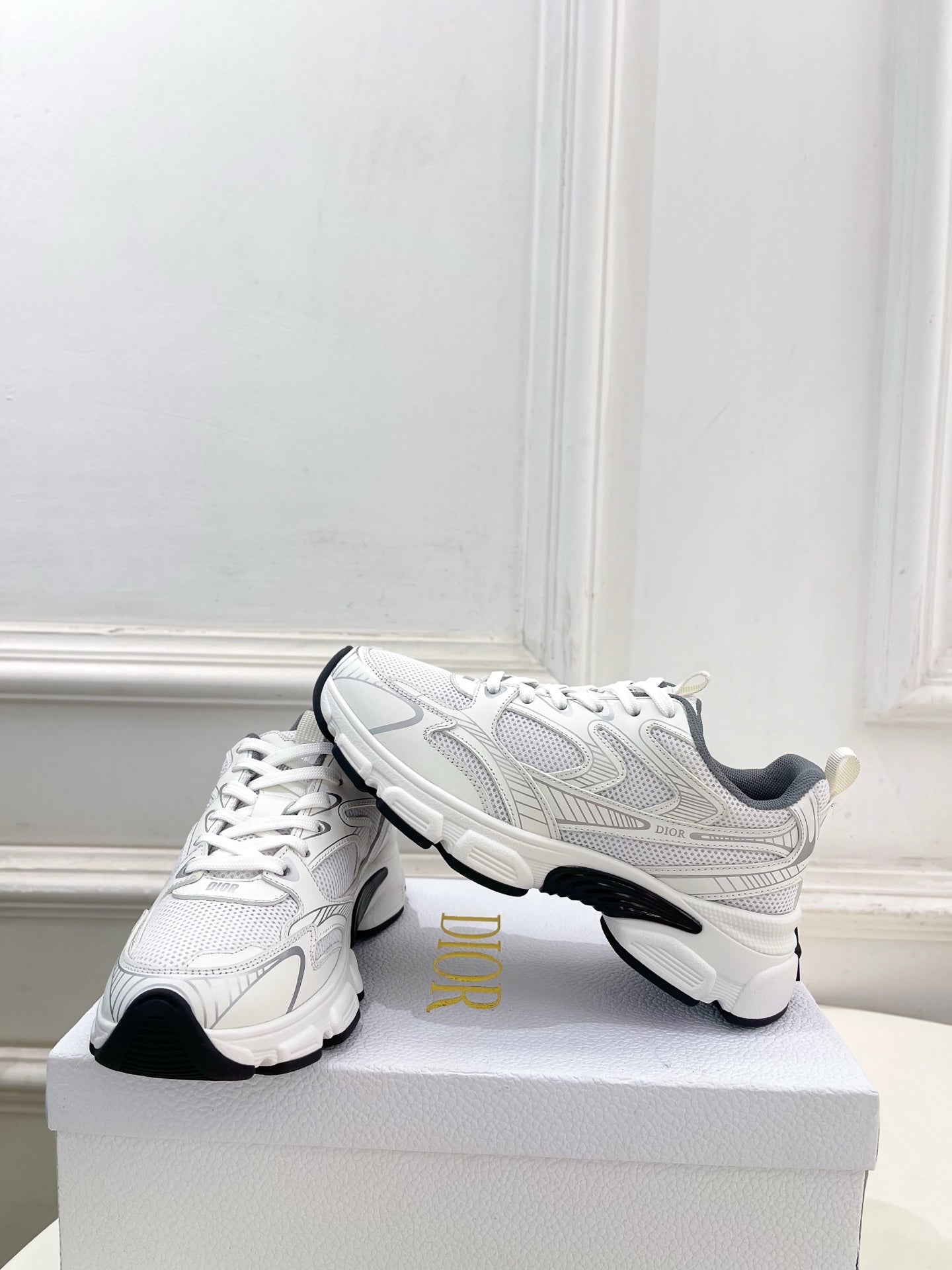DIOR 26S SNEAKER IN WHITE GREY CALFSKIN AND MESH FABRIC
