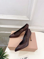 MIUMIU 26S POINTED TOE HIGH HEELS 85MM IN CHOCOLATE BROWN CALFSKIN