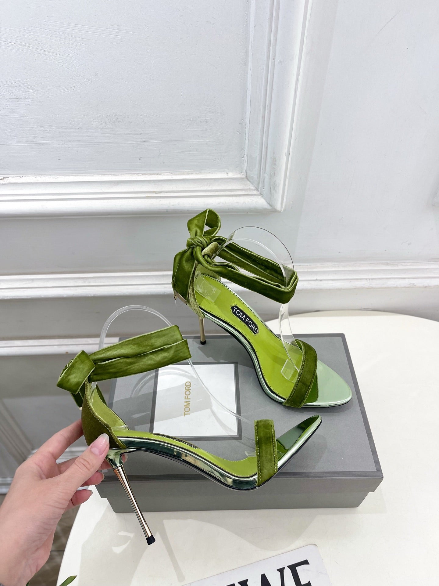 TOM FORD 26S HIGH-HEELED SANDALS 105 MM IN GREEN FABRIC AND CALFSKIN