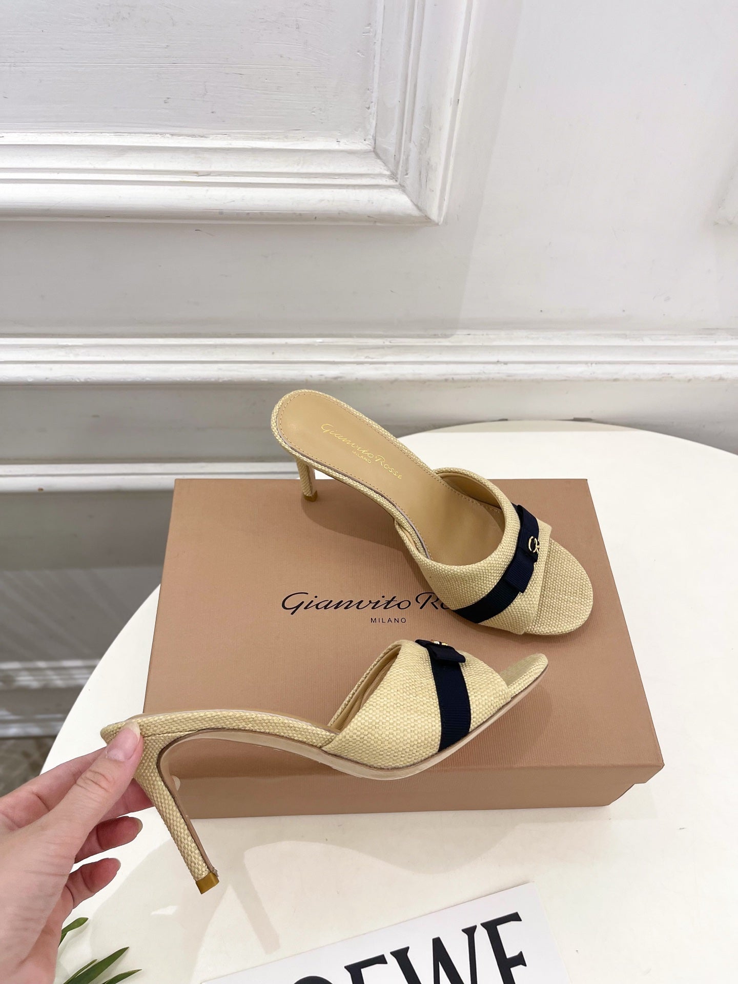 GIANVITO ROSSI 26S HIGH-HEEL SANDALS 80 MM IN BEIGE WOVEN FABRIC