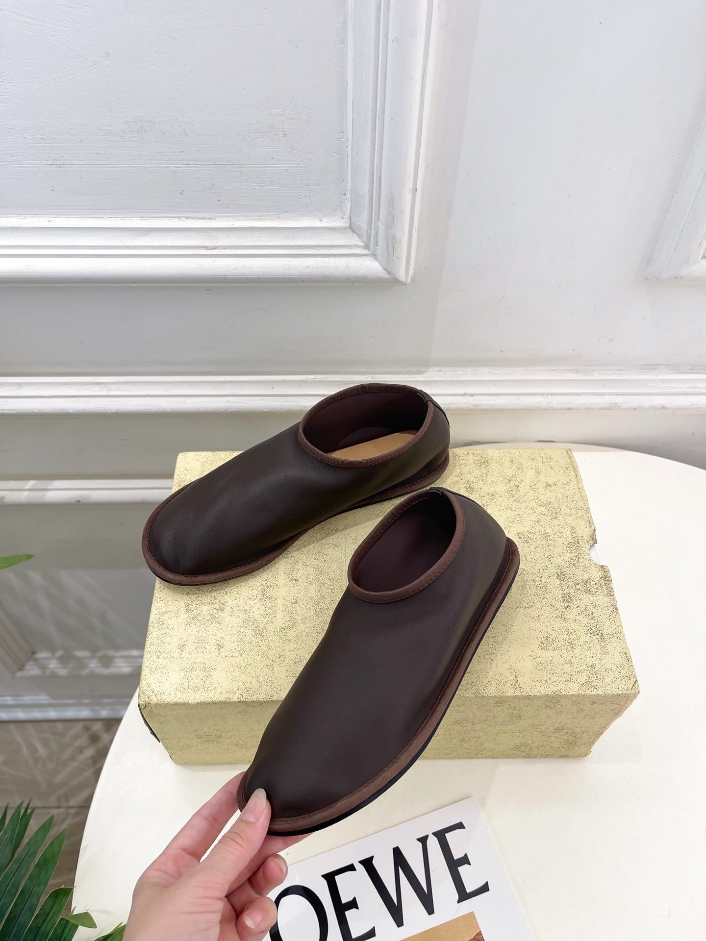 THE ROW 26S SLIP-ON FLATS IN DARK BROWN NAPPA CALFSKIN