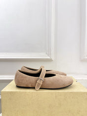 THE ROW 26S ROUND TOE MARY JANE FLATS IN LIGHT BROWN SUEDE