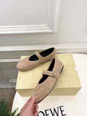 THE ROW 26S ROUND TOE MARY JANE FLATS IN LIGHT BROWN SUEDE
