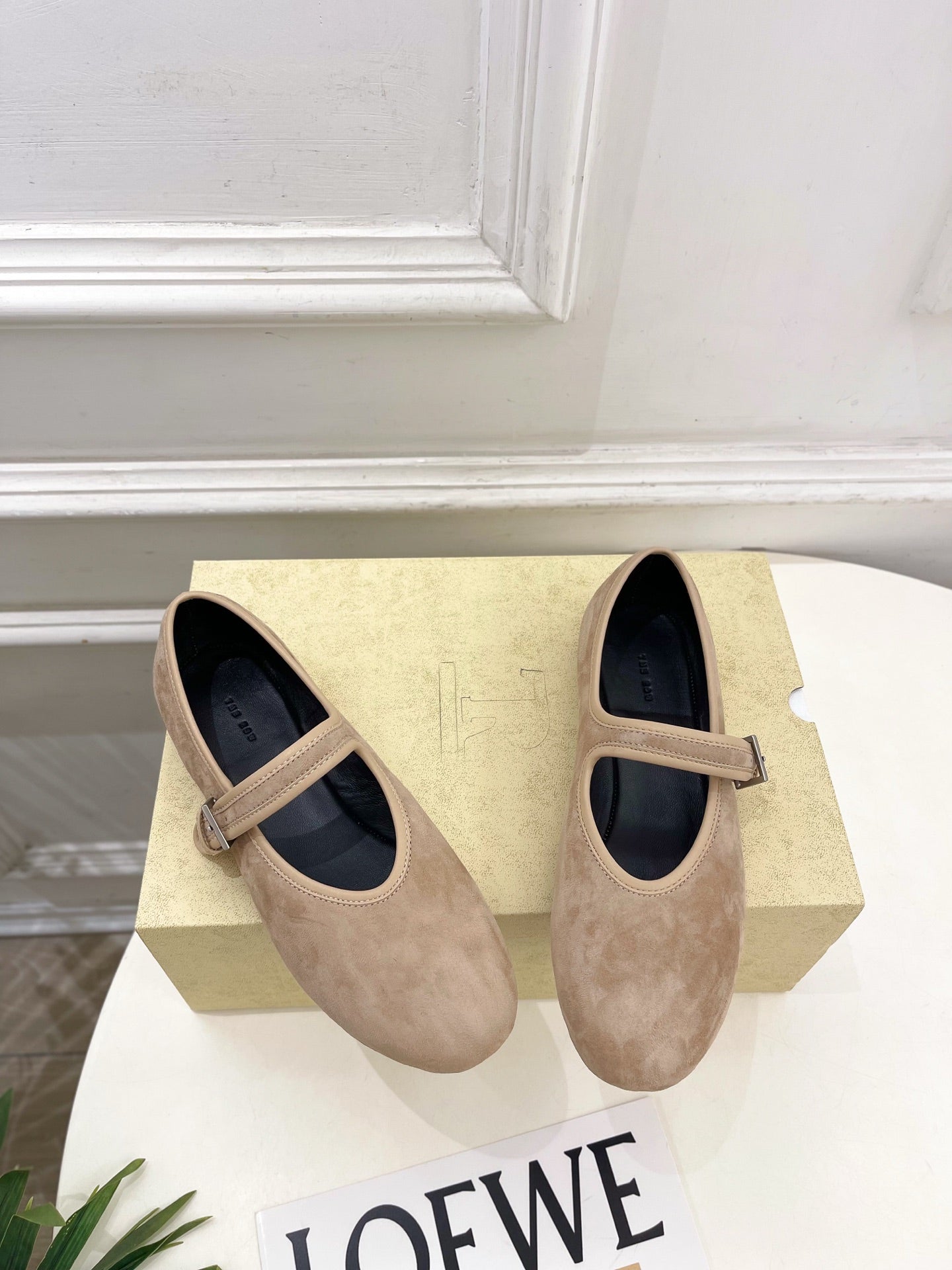 THE ROW 26S ROUND TOE MARY JANE FLATS IN LIGHT BROWN SUEDE