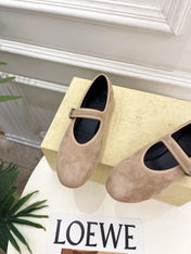 THE ROW 26S ROUND TOE MARY JANE FLATS IN LIGHT BROWN SUEDE