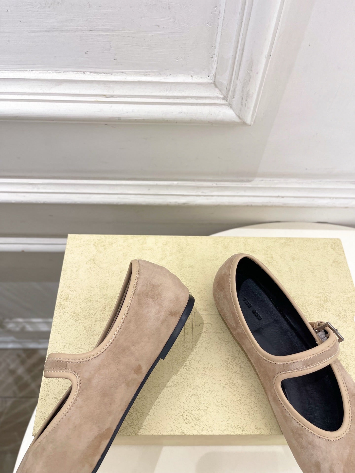 THE ROW 26S ROUND TOE MARY JANE FLATS IN LIGHT BROWN SUEDE