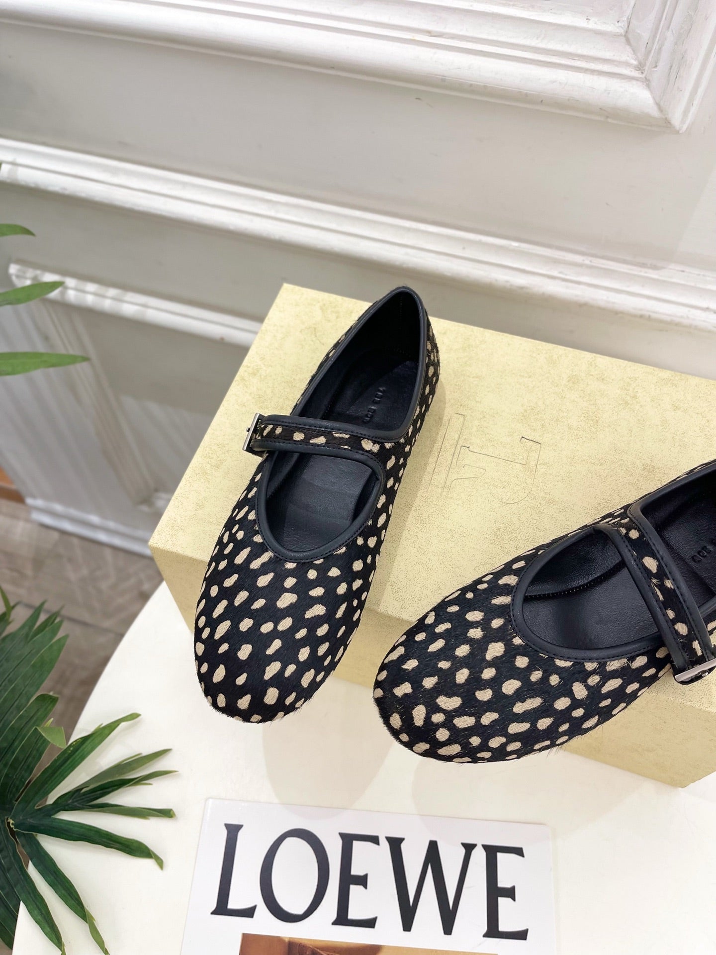 THE ROW 26S ROUND TOE MARY JANE FLATS IN BLACK LEOPARD CALF HAIR