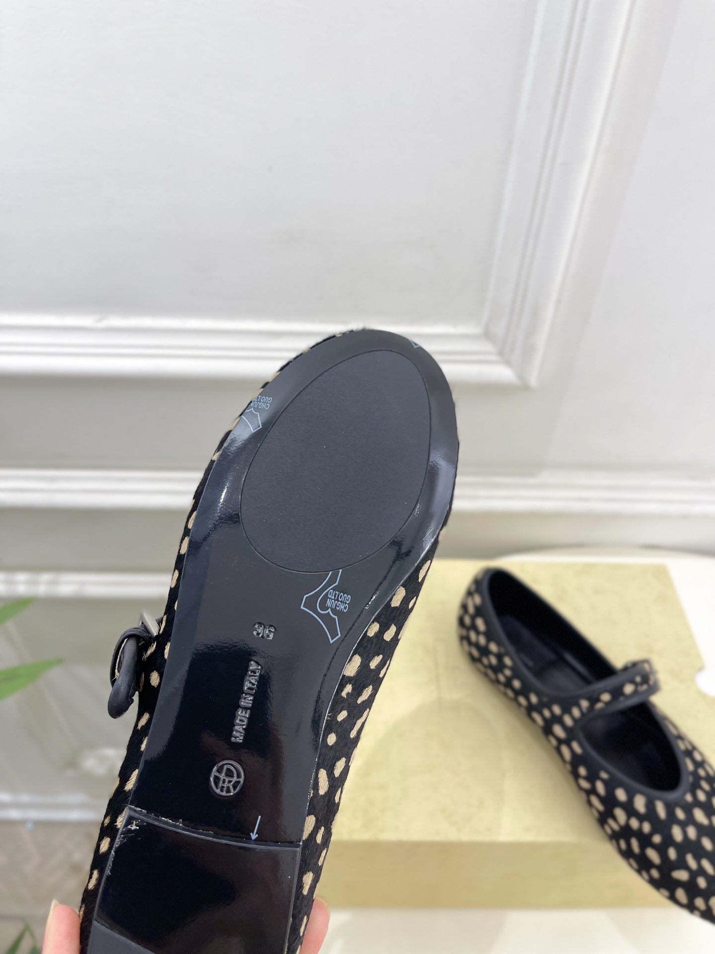 THE ROW 26S ROUND TOE MARY JANE FLATS IN BLACK LEOPARD CALF HAIR