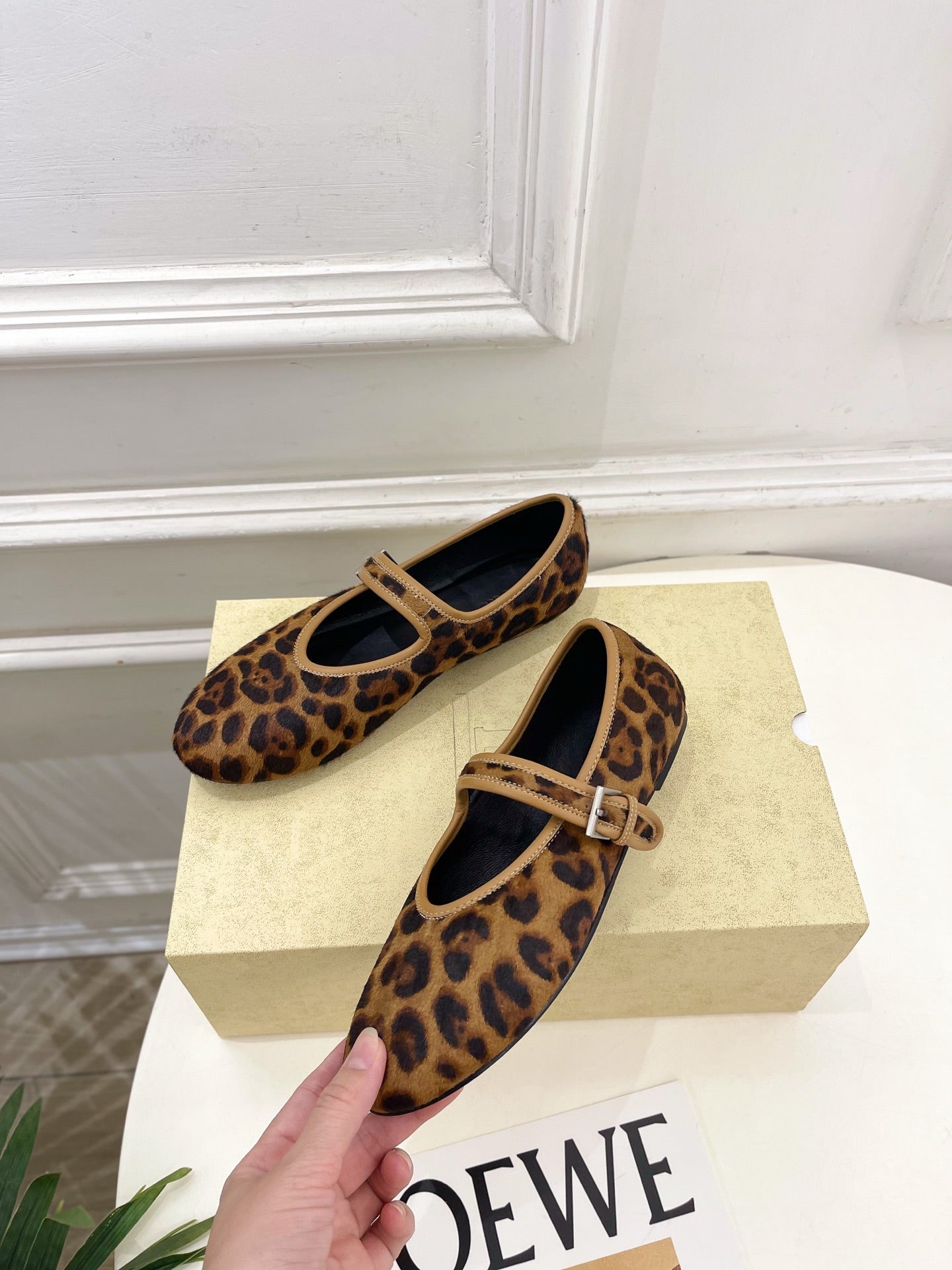 THE ROW 26S ROUND TOE MARY JANE FLATS IN BROWN LEOPARD CALF HAIR