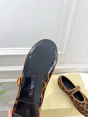 THE ROW 26S ROUND TOE MARY JANE FLATS IN BROWN LEOPARD CALF HAIR