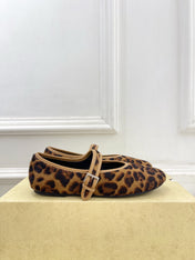 THE ROW 26S ROUND TOE MARY JANE FLATS IN BROWN LEOPARD CALF HAIR