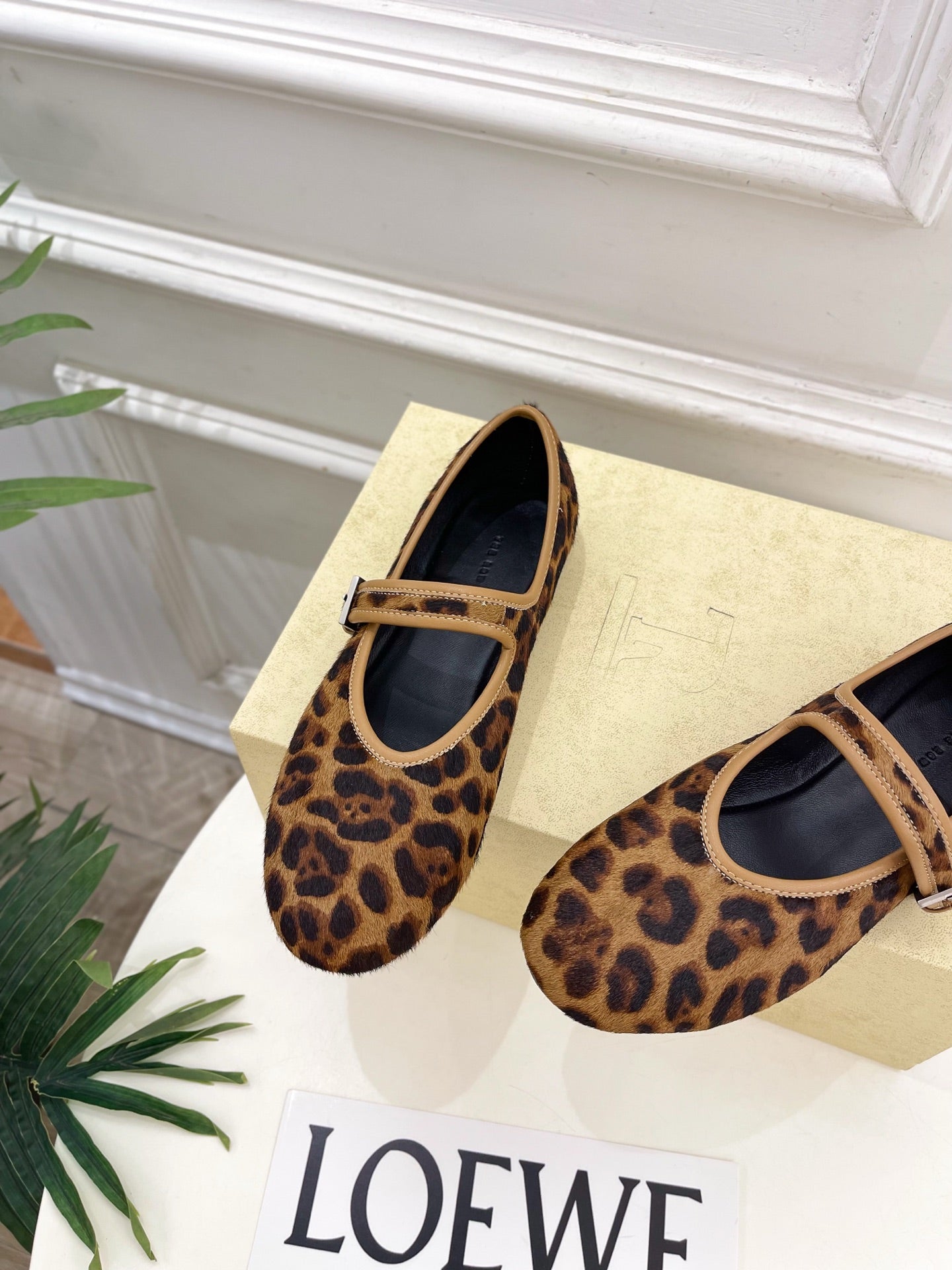 THE ROW 26S ROUND TOE MARY JANE FLATS IN BROWN LEOPARD CALF HAIR