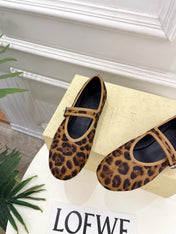 THE ROW 26S ROUND TOE MARY JANE FLATS IN BROWN LEOPARD CALF HAIR