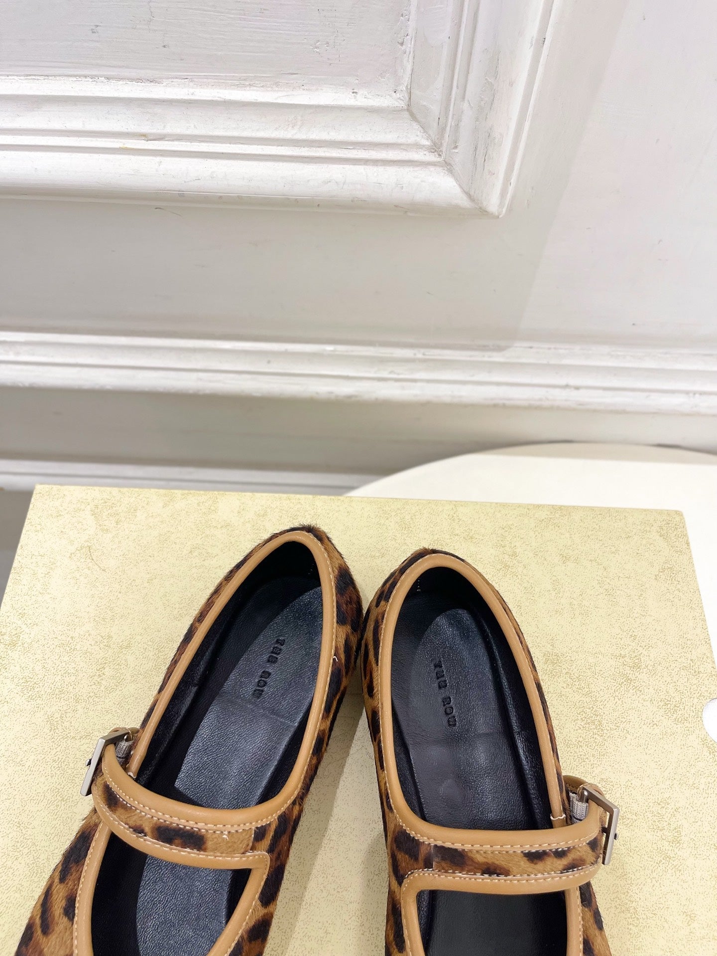 THE ROW 26S ROUND TOE MARY JANE FLATS IN BROWN LEOPARD CALF HAIR