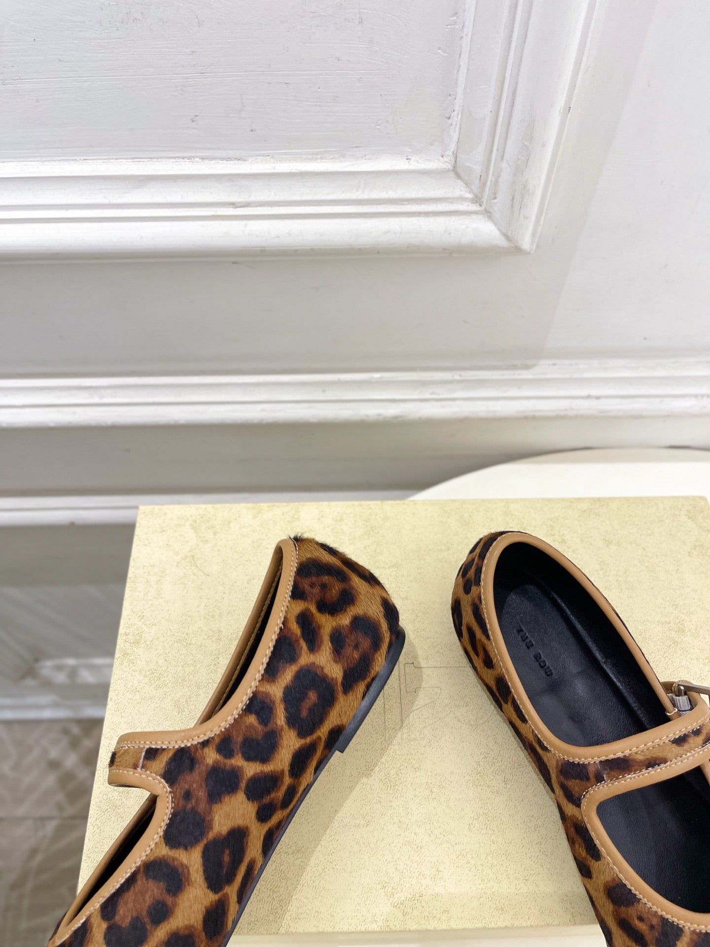 THE ROW 26S ROUND TOE MARY JANE FLATS IN BROWN LEOPARD CALF HAIR