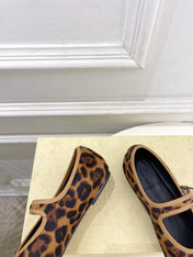 THE ROW 26S ROUND TOE MARY JANE FLATS IN BROWN LEOPARD CALF HAIR