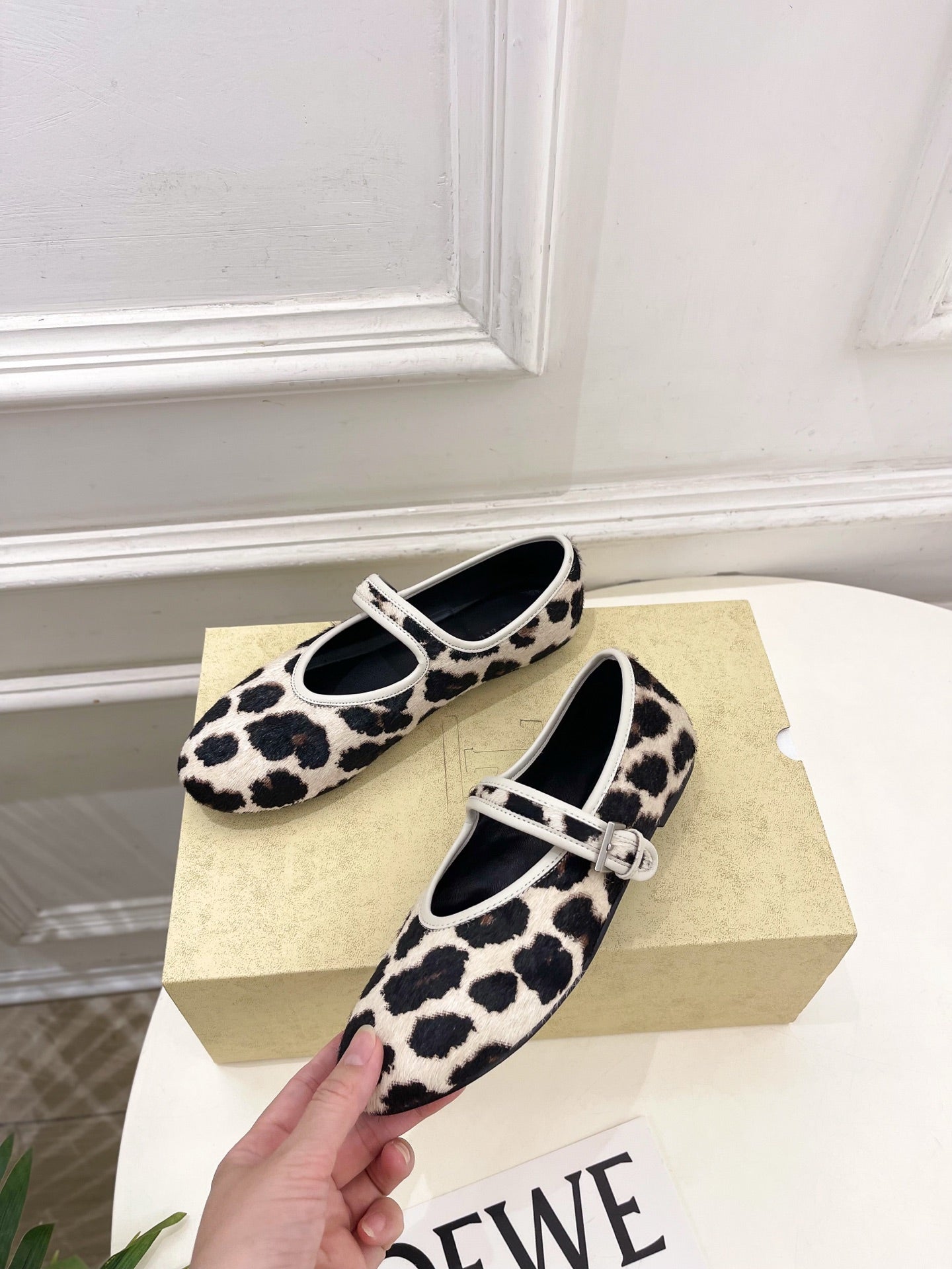 THE ROW 26S ROUND TOE MARY JANE FLATS IN LEOPARD CALF HAIR