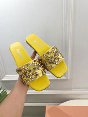 MIUMIU 26S SLIDES IN YELLOW SATIN CRYSTAL EMBELLISHED
