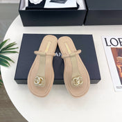 CHANEL 26S THONG SANDALS IN BEIGE LAMBSKIN WITH GOLD TONE CC LOGO