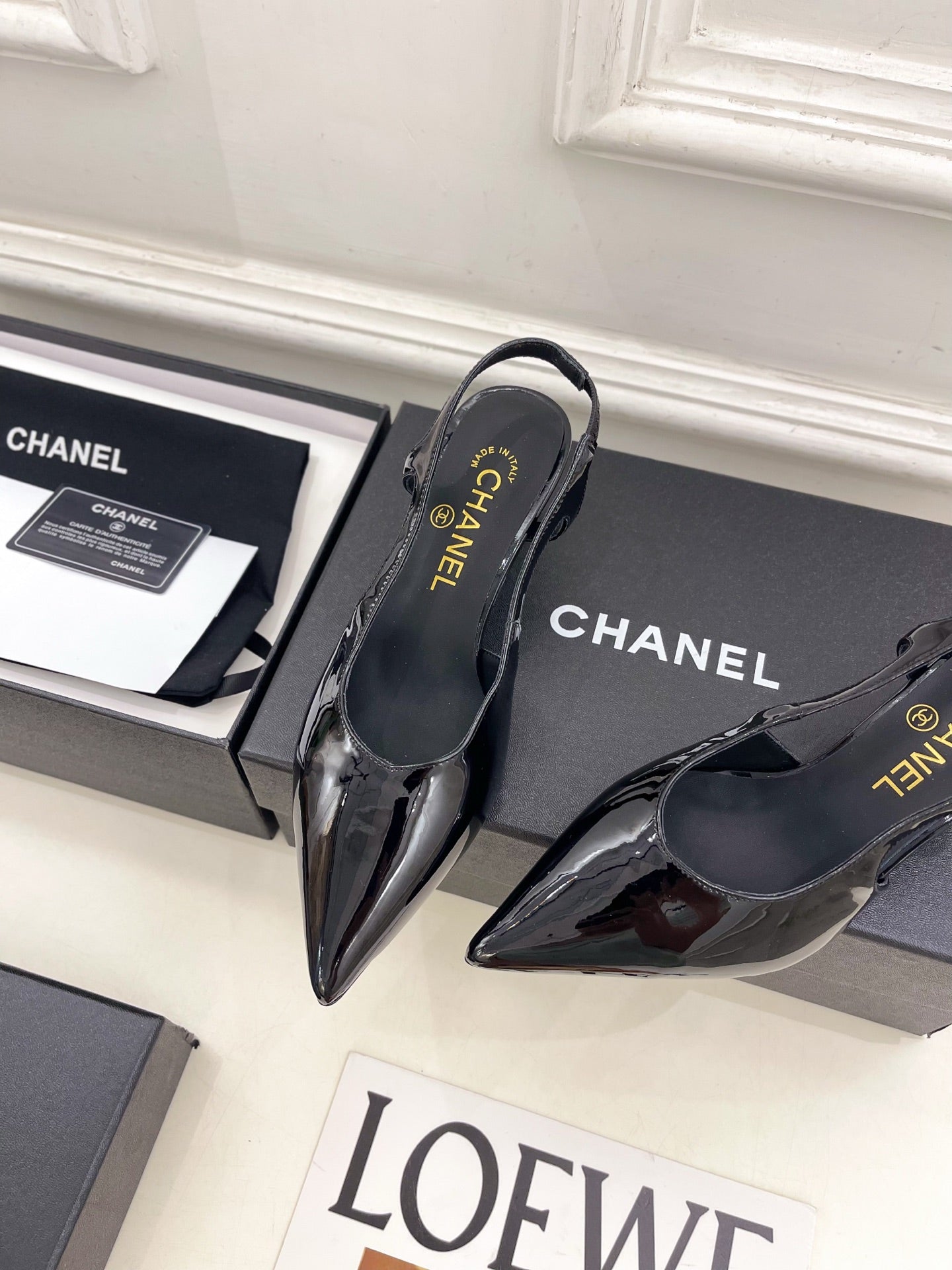 CHANEL 26S POINTED TOE HIGH HEELS 55 MM IN BLACK PATENT LAMBSKIN
