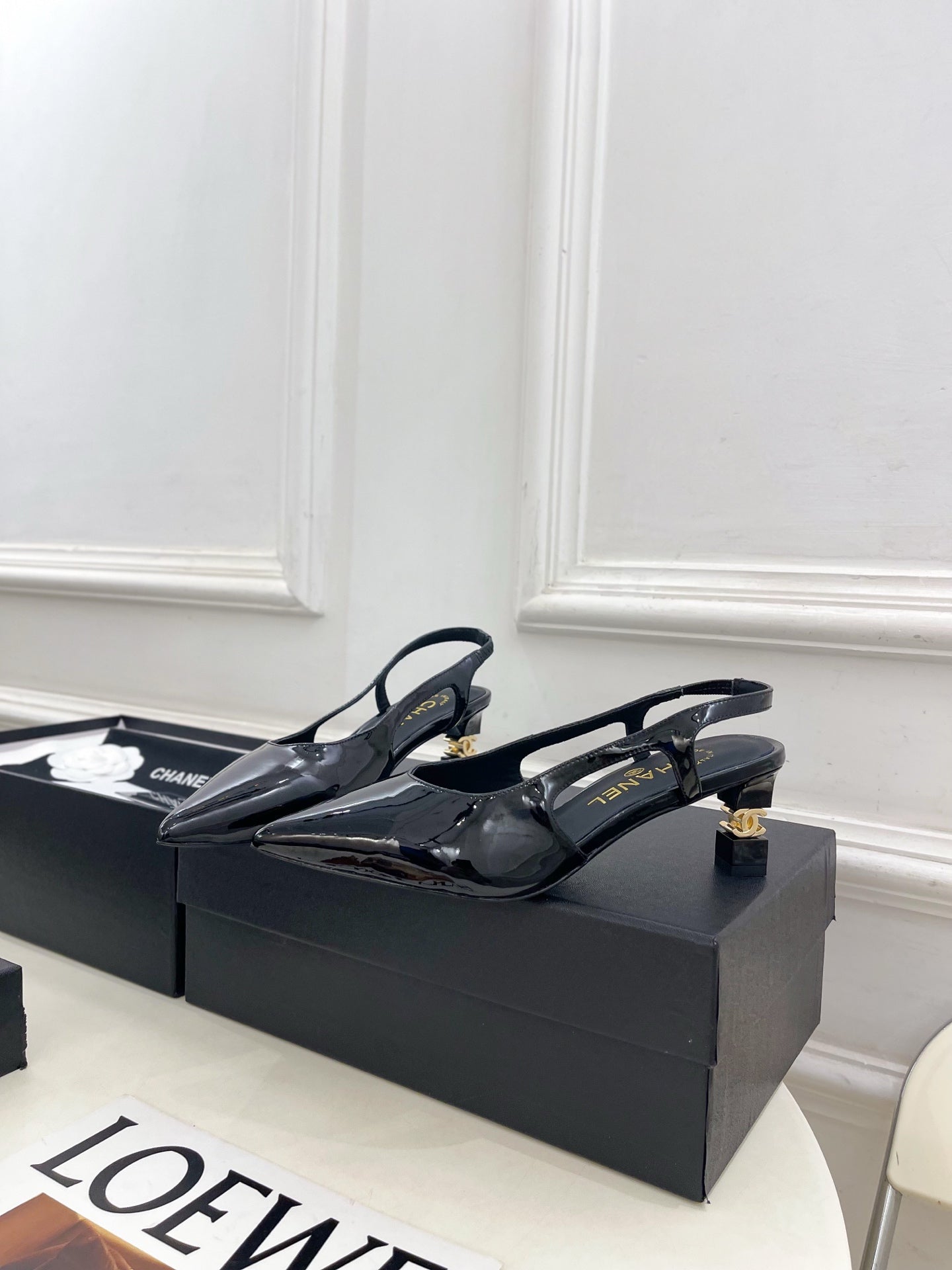CHANEL 26S POINTED TOE HIGH HEELS 55 MM IN BLACK PATENT LAMBSKIN