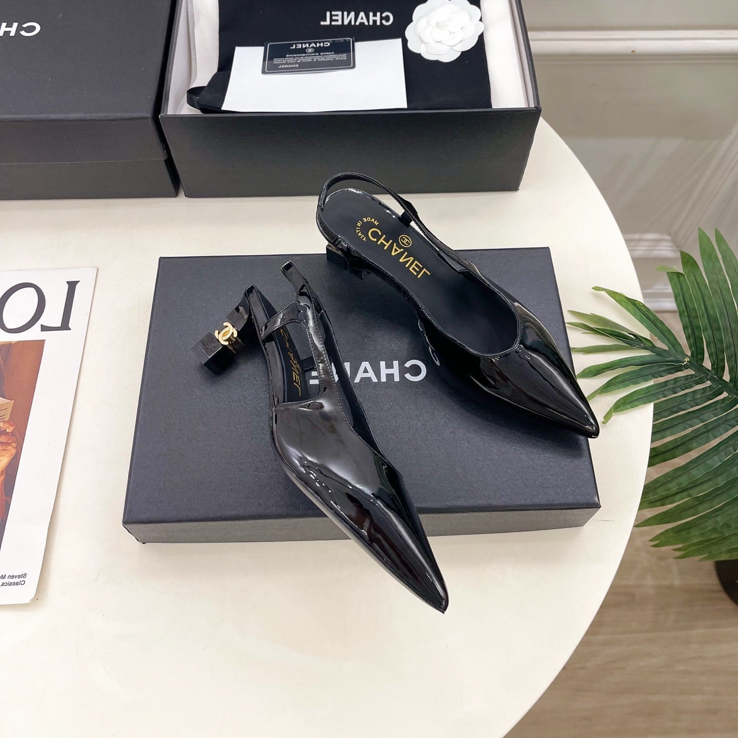 CHANEL 26S POINTED TOE HIGH HEELS 55 MM IN BLACK PATENT LAMBSKIN