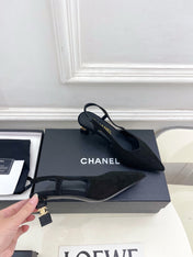 CHANEL 26S POINTED TOE HIGH HEELS 55 MM IN BLACK SUEDE