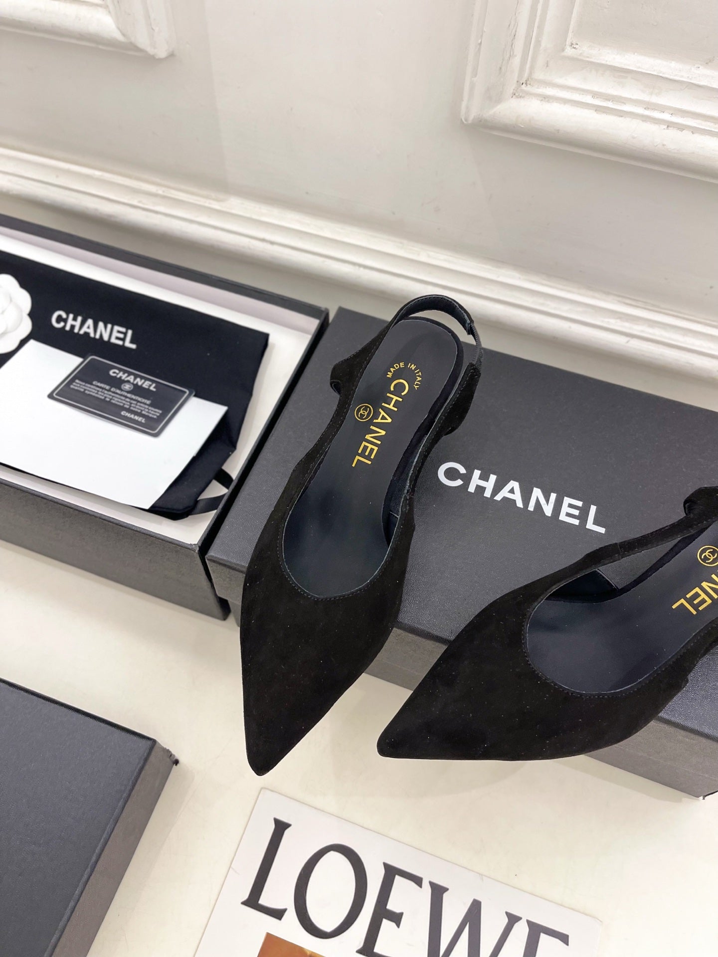 CHANEL 26S POINTED TOE HIGH HEELS 55 MM IN BLACK SUEDE