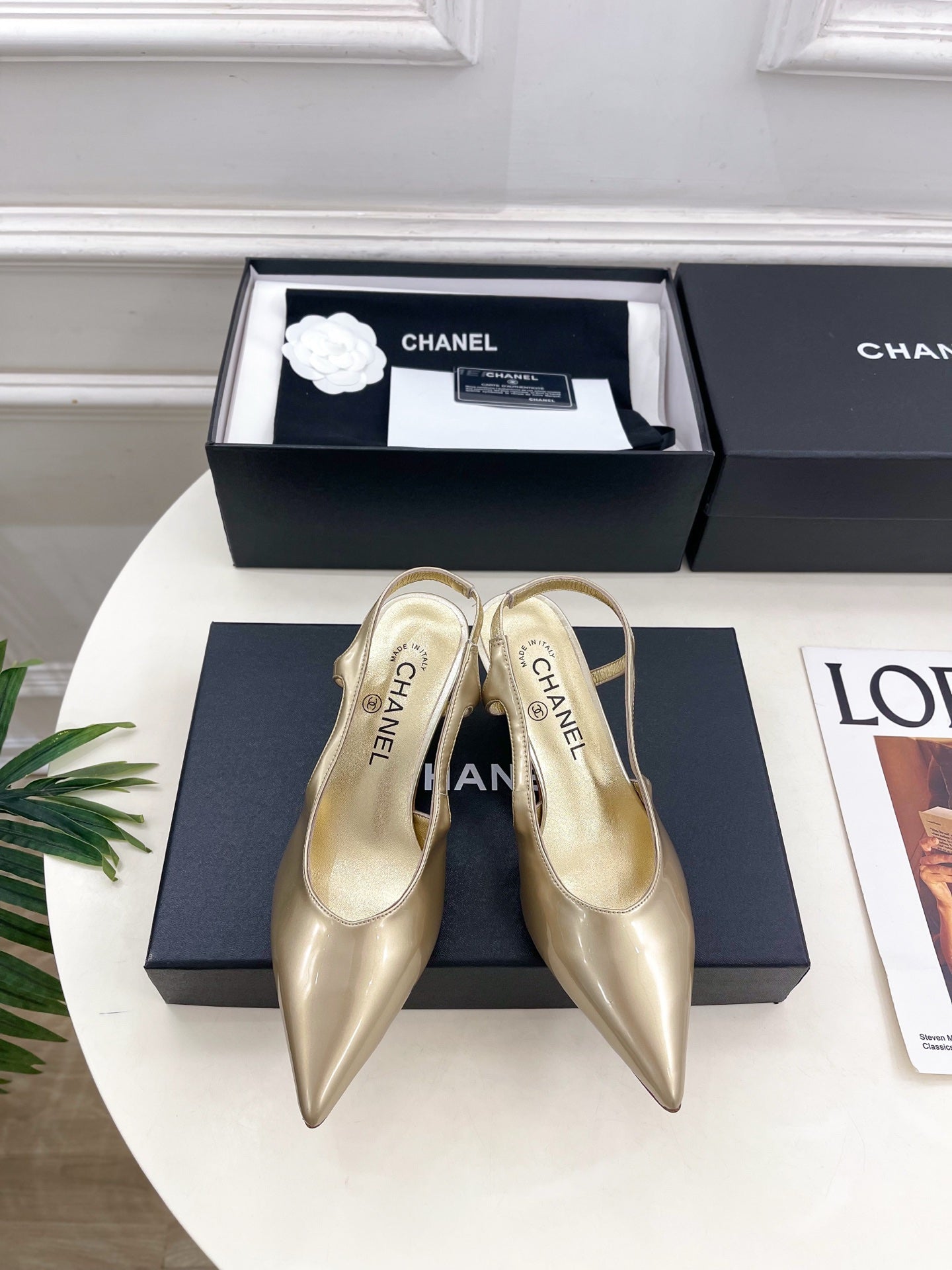 CHANEL 26S POINTED TOE HIGH HEELS 55 MM IN METALLIC GOLD LAMBSKIN
