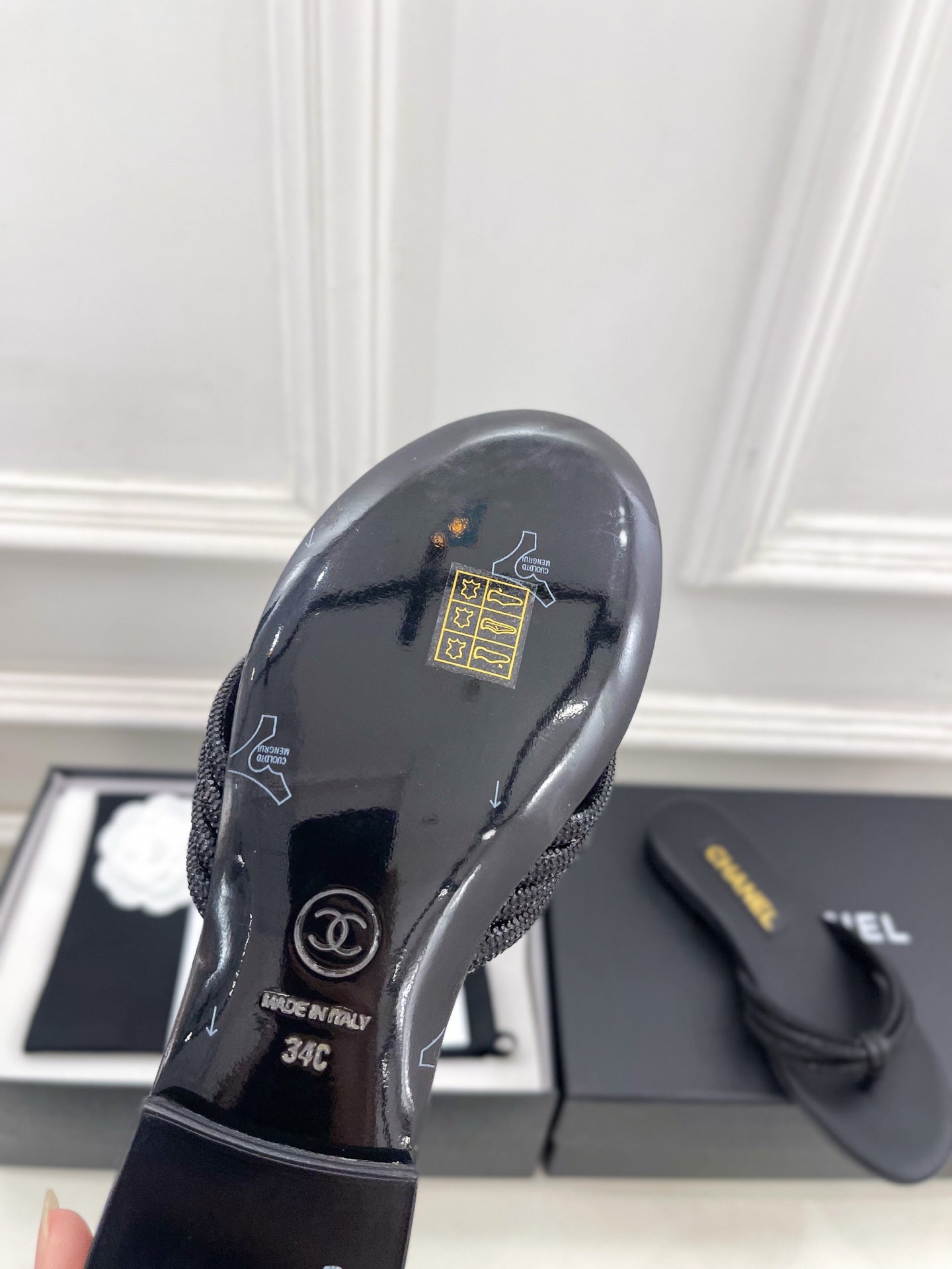 CHANEL 26S THONG SANDALS IN BLACK WITH CRYSTAL EMBELLISHED STRAPS