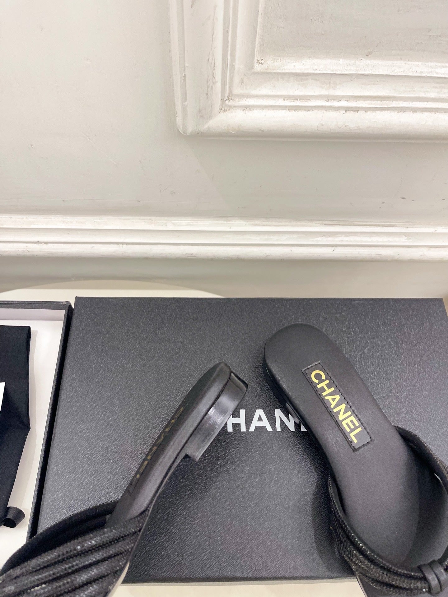 CHANEL 26S THONG SANDALS IN BLACK WITH CRYSTAL EMBELLISHED STRAPS