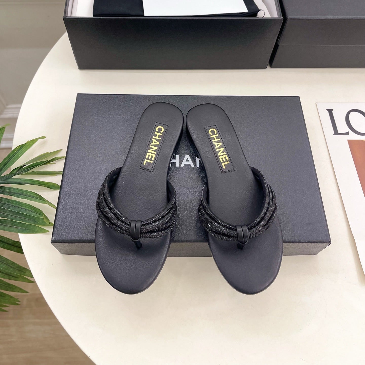 CHANEL 26S THONG SANDALS IN BLACK WITH CRYSTAL EMBELLISHED STRAPS