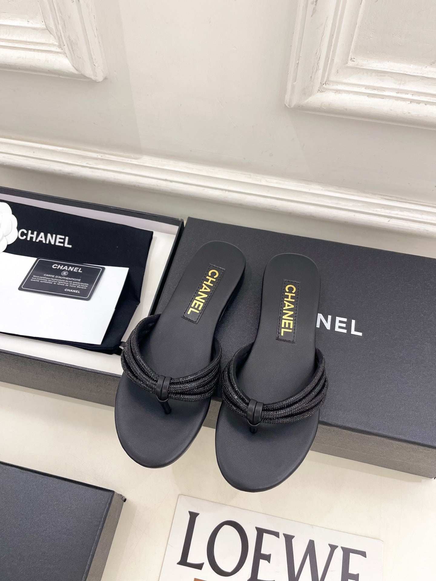 CHANEL 26S THONG SANDALS IN BLACK WITH CRYSTAL EMBELLISHED STRAPS